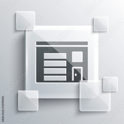 Grey Building of fire station icon isolated on grey background. Fire department building. Square glass panels. Vector.