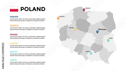 Poland vector map infographic template. Slide presentation. Warsaw, Krakow, Gdansk, Szczecin, Poznan, Lublin. Color Europe country. World transportation geography data. 