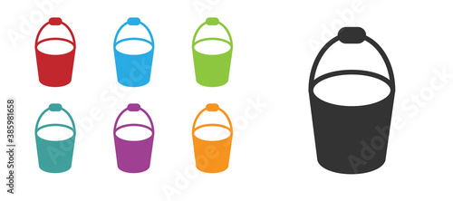 Black Fire bucket icon isolated on white background. Metal bucket empty or with water for fire fighting. Set icons colorful. Vector.