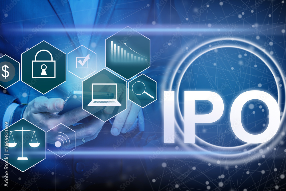 Businessman presses button ipo Initial Public Offering diagram online network Businessman presses button ipo Initial Public Offering diagram online network
