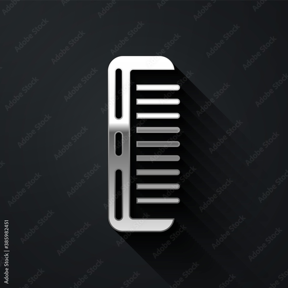 Silver Hairbrush icon isolated on black background. Comb hair sign. Barber symbol. Long shadow style. Vector. Silver Hairbrush icon isolated on black background. Comb hair sign. Barber symbol. Long shadow style. Vector.