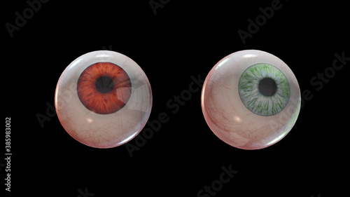 3d render Evil scary eyes of green and red color on black background