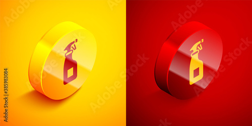 Isometric Cleaning spray bottle with detergent liquid icon isolated on orange and red background. Circle button. Vector.
