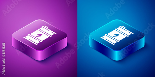 Isometric Bio fuel barrel icon isolated on blue and purple background. Eco bio and canister. Green environment and recycle. Square button. Vector.