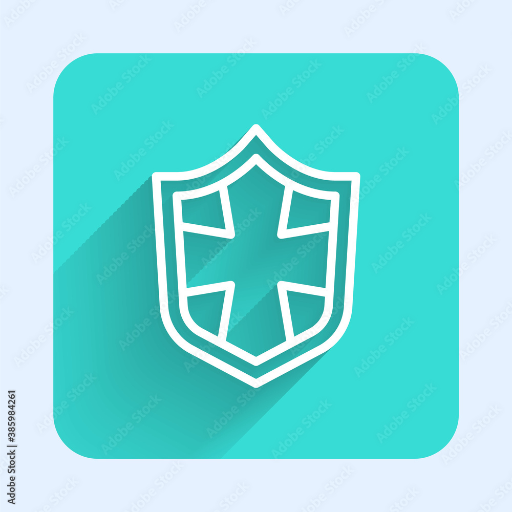White line Shield icon isolated with long shadow. Guard sign. Security, safety, protection, privacy concept. Green square button. Vector. White line Shield icon isolated with long shadow. Guard sign. Security, safety, protection, privacy concept. Green square button. Vector.