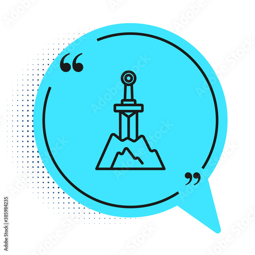 Black line Sword in the stone icon isolated on white background. Excalibur the sword in the stone from the Arthurian legends. Blue speech bubble symbol. Vector.