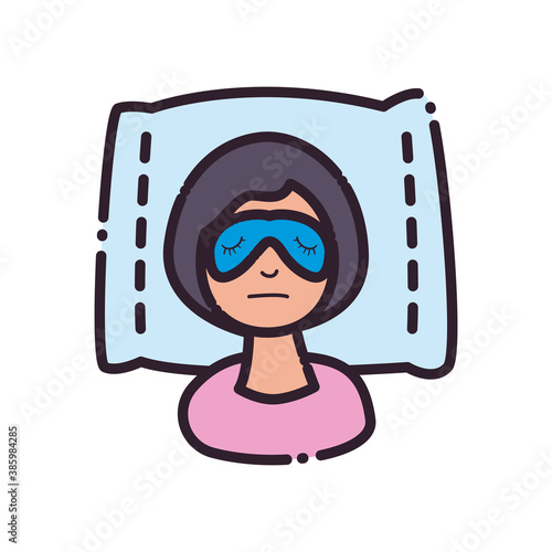 woman cartoon with insomnia and mask on pillow line and fill style icon vector design
