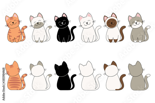  Vector illustration of funny cartoon cats breeds set. Cats collection, Vector silhouette of cats on white background, Cats.