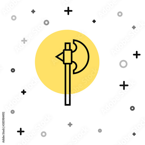 Black line Medieval axe icon isolated on white background. Battle axe, executioner axe. Medieval weapon. Random dynamic shapes. Vector.
