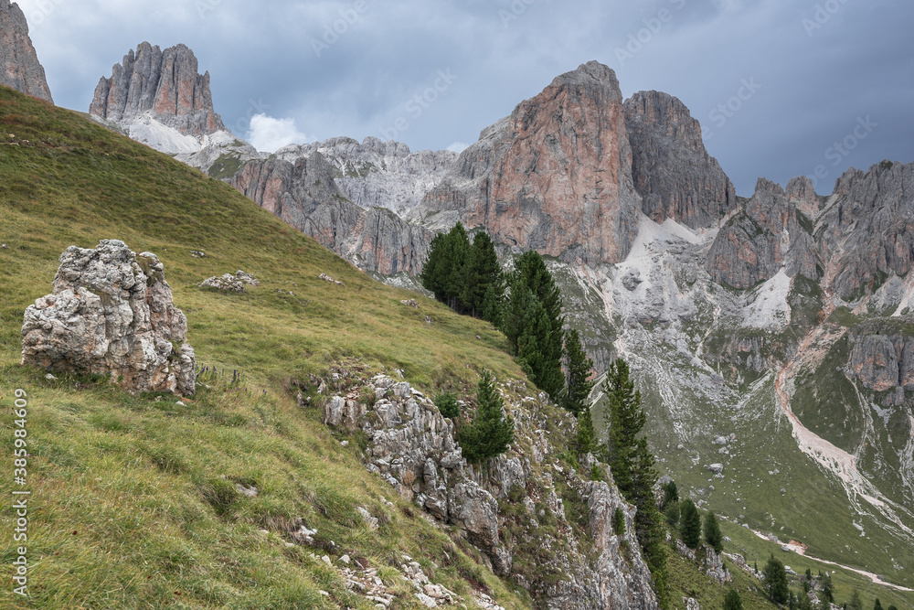 Mugoni mountain group and Le Cigolade mountain with Cigolade pass in between with La Sforcela mountain on the left as seen from Roda di Vael refuge, Catinaccio massif, Dolomites, South Tyrol, Italy