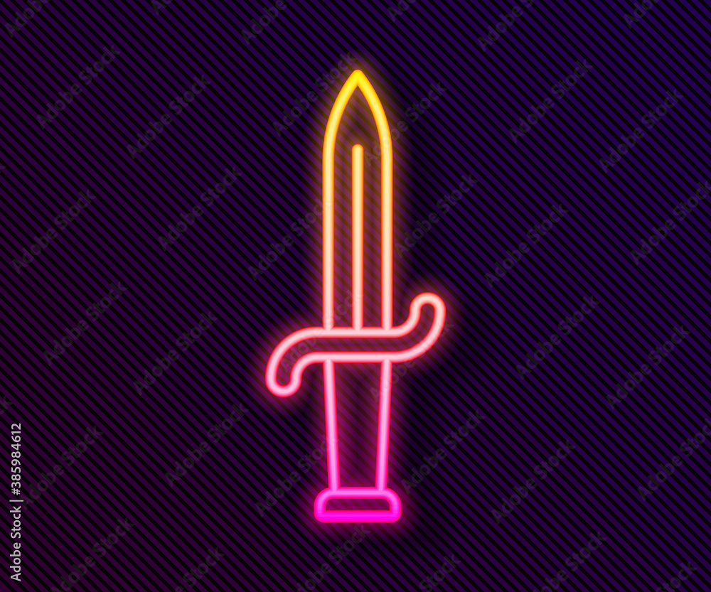 Glowing neon line Dagger icon isolated on black background. Knife icon. Sword with sharp blade. Vector. Glowing neon line Dagger icon isolated on black background. Knife icon. Sword with sharp blade. Vector.