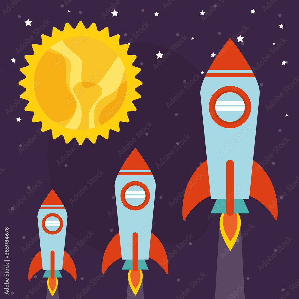 Space rockets with sun on starry background vector design Space rockets with sun on starry background vector design