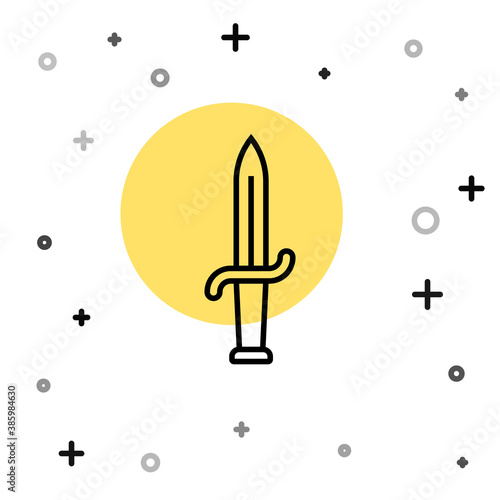 Black line Dagger icon isolated on white background. Knife icon. Sword with sharp blade. Random dynamic shapes. Vector.