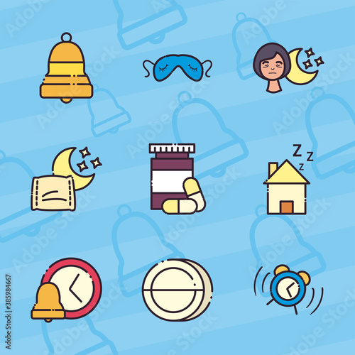insomnia line and fill style icons collection vector design