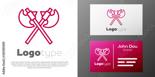 Logotype line Crossed medieval axes icon isolated on white background. Battle axe, executioner axe. Medieval weapon. Logo design template element. Vector.