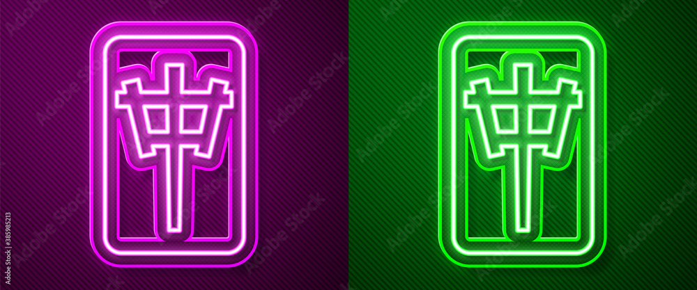 Glowing neon line Mahjong pieces icon isolated on purple and green background. Chinese mahjong red dragon game emoji. Vector. Glowing neon line Mahjong pieces icon isolated on purple and green background. Chinese mahjong red dragon game emoji. Vector.