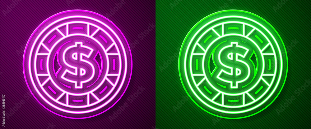Glowing neon line Casino chip with dollar symbol icon isolated on purple and green background. Casino gambling. Vector. Glowing neon line Casino chip with dollar symbol icon isolated on purple and green background. Casino gambling. Vector.