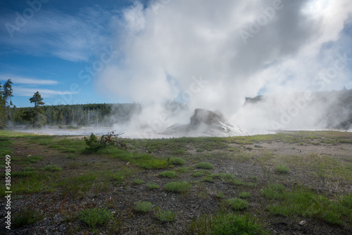 hydrothermal areas of upper geyser basin in yellowstone national park, wyoming in the usa