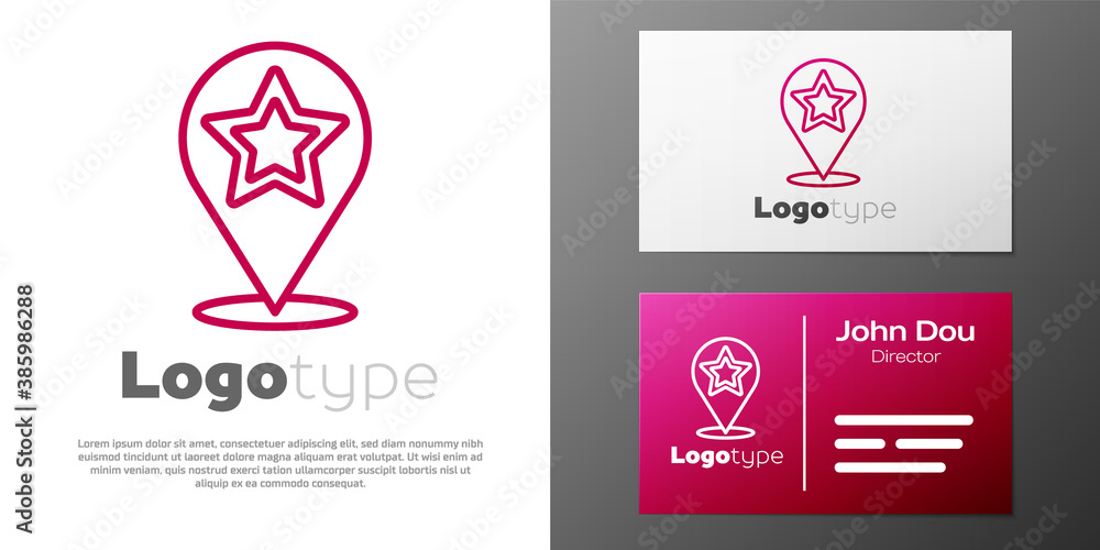 Fototapeta premium Logotype line Map pointer with star icon isolated on white background. Star favorite pin map icon. Map markers. Logo design template element. Vector.