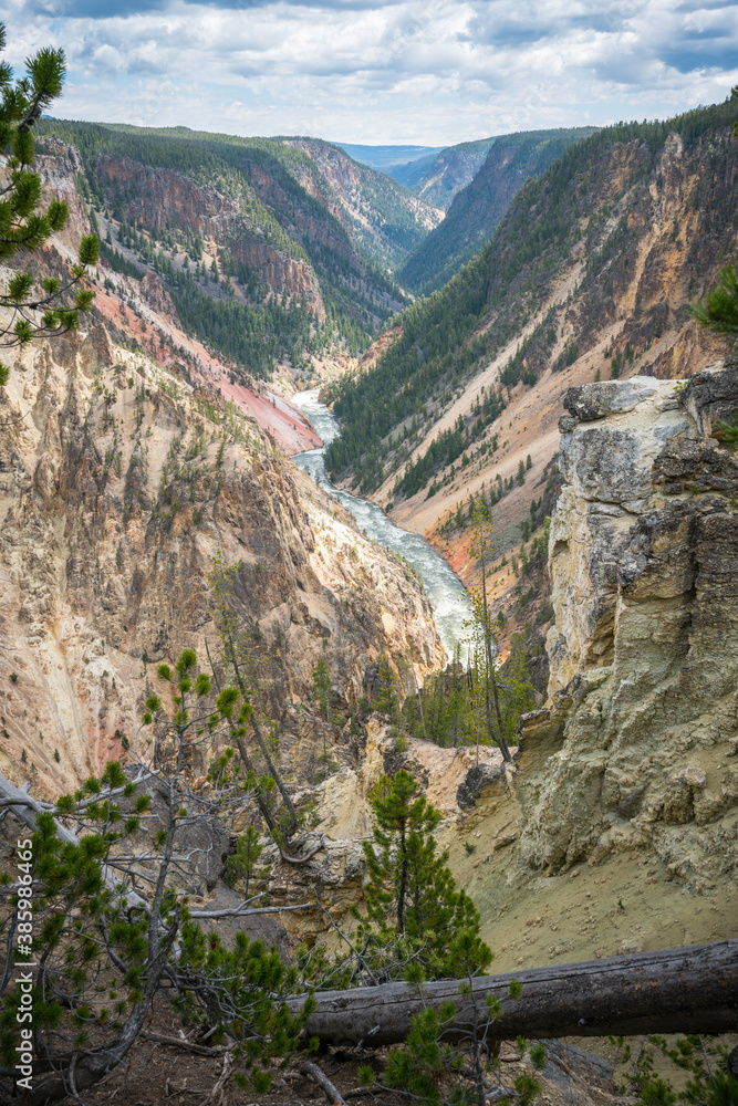hiking the canyon rim south trail in grand canyon of the yellowstone, wyoming, usa
