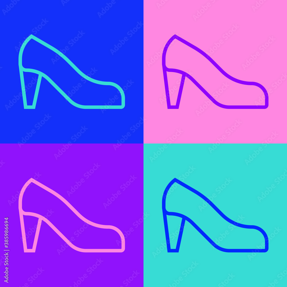 Pop art line Woman shoe with high heel icon isolated on color background. Vector.