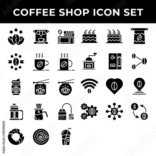 coffee shop icon set include premium coffee,espresso,cafe,mug,drink,cup,dropper,bag,cake,cake,bean,girder,love,pin,transaction
