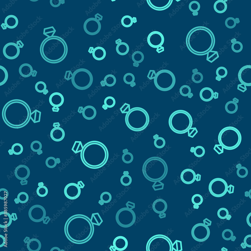 Green line Diamond engagement ring icon isolated seamless pattern on blue background. Vector.