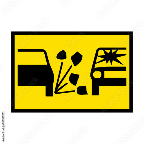 Loose gravel road sign. Vector illustration of yellow rectangular warning traffic sign. Caution gravel road or verge. Loose chippings. Symbol used in Australia. Watch out for windshield.