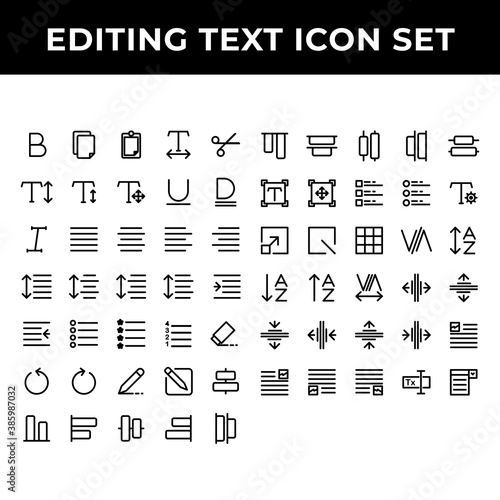 editing text icon set include text bold,document,paste,spacing,increase,redo,align,compose,distribute,scale,grid,kerning,layout