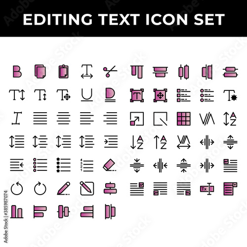 editing text icon set include text bold,document,paste,spacing,increase,redo,align,compose,distribute,scale,grid,kerning,layout