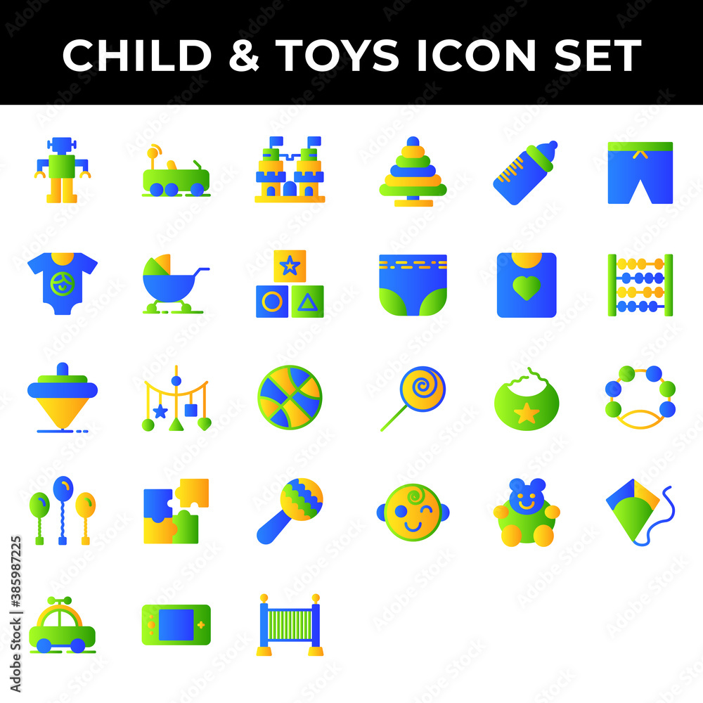 Fototapeta premium child and toys icon set include robot,car,castle,clothes,carriage,kids,spinning,hanging toy,balloon,puzzle,rattle,game boy,baby,feeding,diapers,shirt,saliva,children