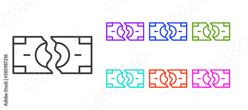 Black line Tearing apart money banknote into two peaces icon isolated on white background. Set icons colorful. Vector.