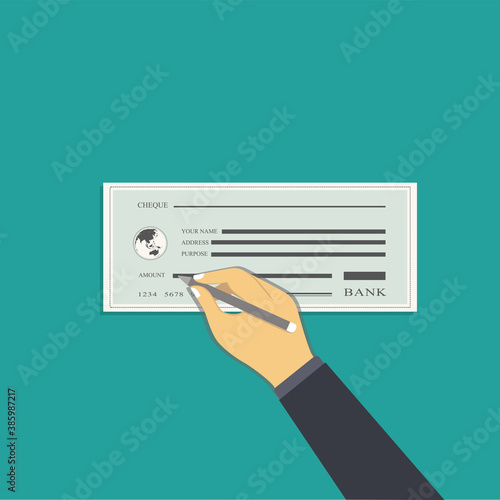 hand writing checks for a bank, flat design vector illustration