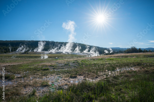 hydrothermal areas of upper geyser basin in yellowstone national park  wyoming in the usa