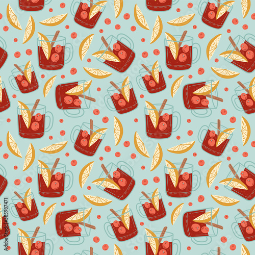 Mulled wine with glass seamless pattern. Christmas drink. Hot drinks. Autumn and winter holidays