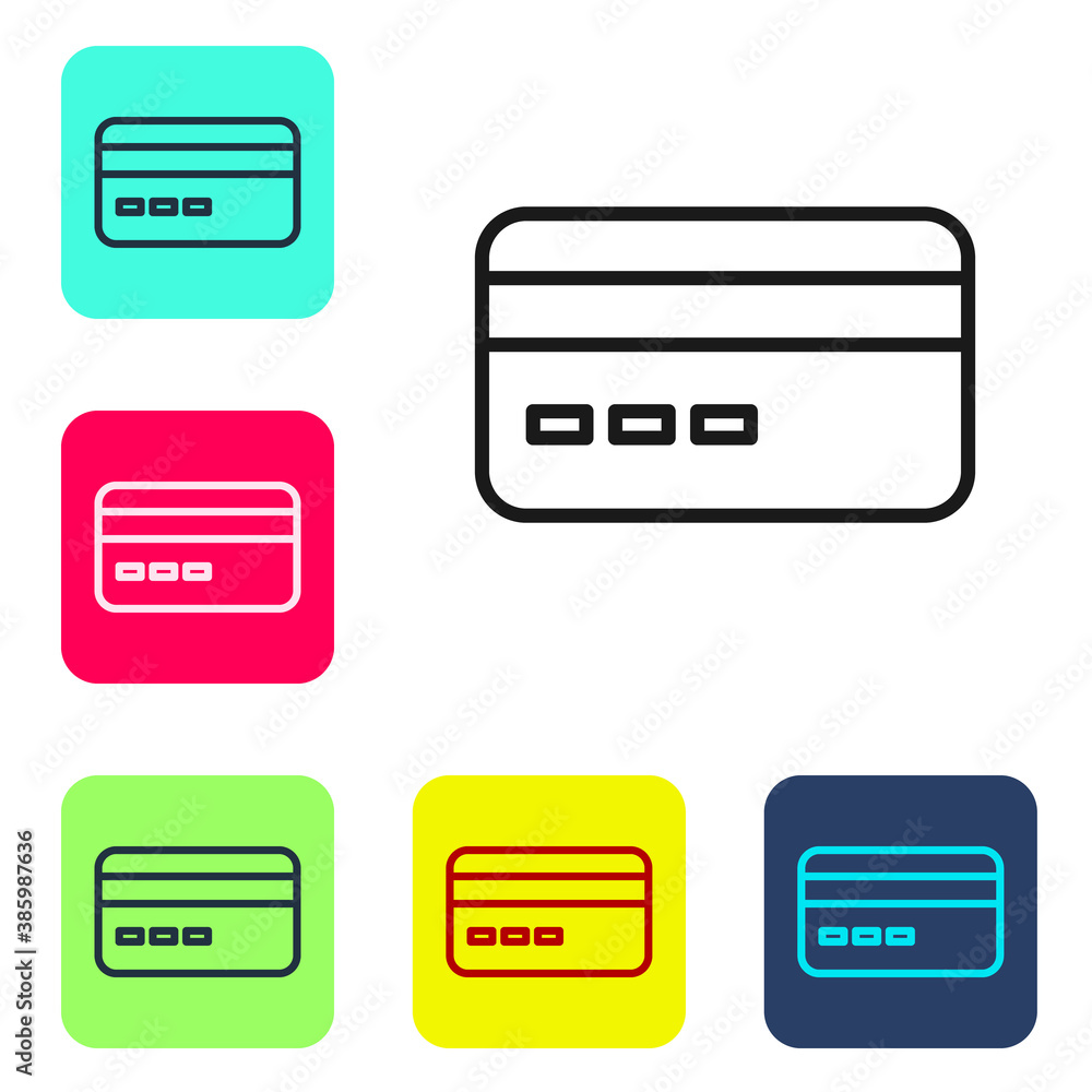 Black line Credit card icon isolated on white background. Online payment. Cash withdrawal. Financial operations. Shopping sign. Set icons in color square buttons. Vector. Black line Credit card icon isolated on white background. Online payment. Cash withdrawal. Financial operations. Shopping sign. Set icons in color square buttons. Vector.