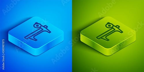 Isometric line Bench with barbel icon isolated on blue and green background. Gym equipment. Bodybuilding, powerlifting, fitness concept. Square button. Vector.