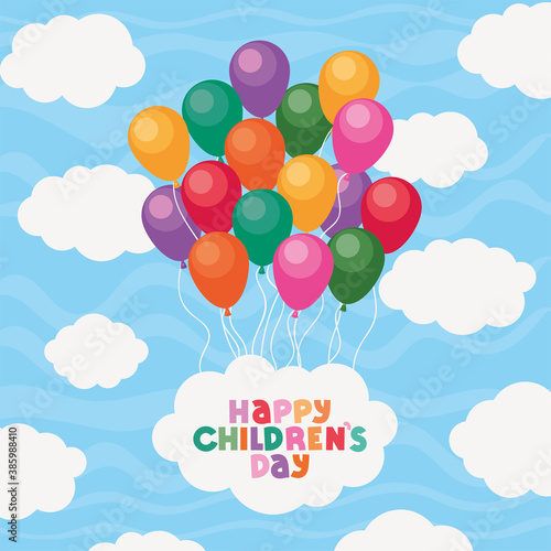Happy childrens day with balloons and clouds vector design