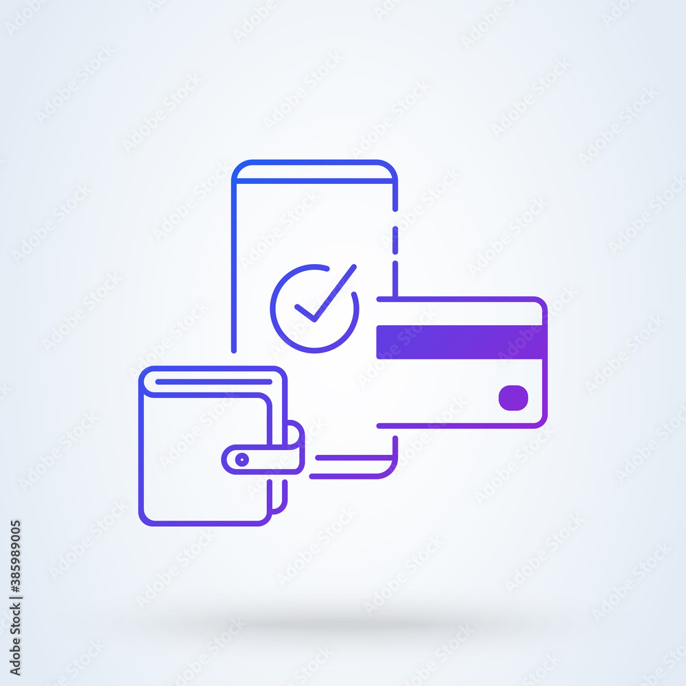 Mobile phone and wallet internet banking sign line icon or logo. online payment security transaction via credit card concept. Protection shopping wireless pay smartphone vector linear illustration. Mobile phone and wallet internet banking sign line icon or logo. online payment security transaction via credit card concept. Protection shopping wireless pay smartphone vector linear illustration.