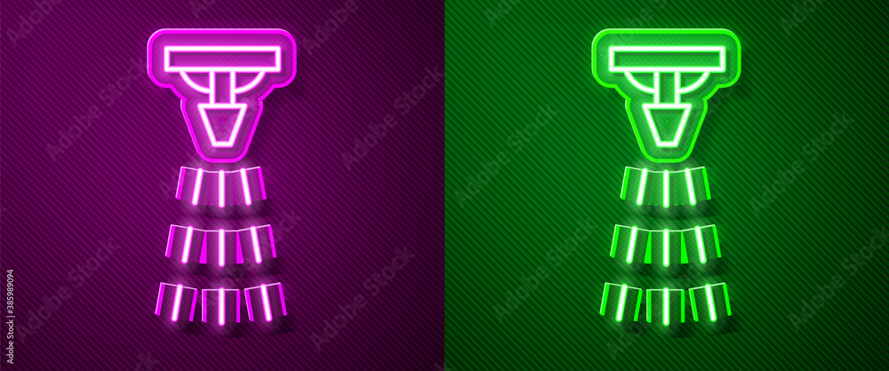 Glowing neon line Fire sprinkler system icon isolated on purple and green background. Sprinkler, fire extinguisher solid icon. Vector.