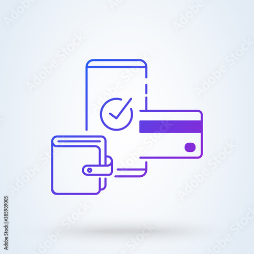 Mobile phone and wallet internet banking sign line icon or logo. online payment security transaction via credit card concept. Protection shopping wireless pay smartphone vector linear illustration.