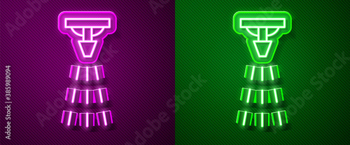 Glowing neon line Fire sprinkler system icon isolated on purple and green background. Sprinkler, fire extinguisher solid icon. Vector.