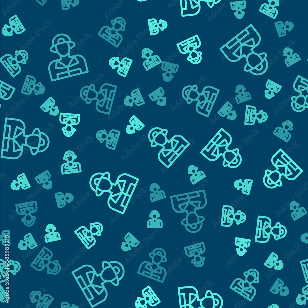 Green line Firefighter icon isolated seamless pattern on blue background. Vector. Green line Firefighter icon isolated seamless pattern on blue background. Vector.
