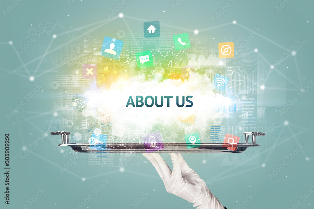 Waiter serving social networking concept with ABOUT US inscription Waiter serving social networking concept with ABOUT US inscription