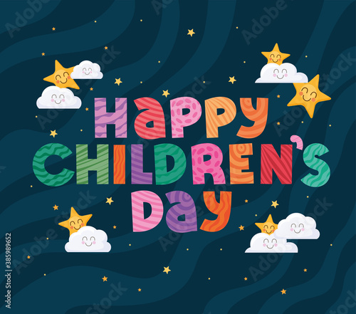 Happy childrens day with stars and clouds vector design