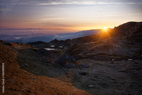 Landscape from Rila and Pirin mountains in Bulgaria during sunset or sunrise. Beautiful view during last or first sun rays