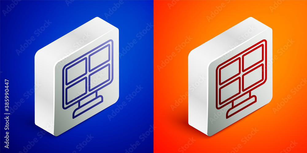 Isometric line Solar energy panel icon isolated on blue and orange background. Silver square button. Vector. Isometric line Solar energy panel icon isolated on blue and orange background. Silver square button. Vector.