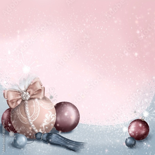 Christmas decoration in glamour style  in pastel colours on the pink background