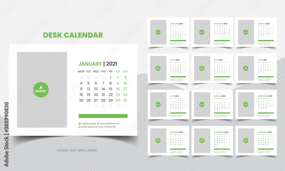 Desk Calendar 2021 Template, Editable 2021 Desk Calendar with green. Modern and Creative New year Calendar Desk Calendar 2021 Template, Editable 2021 Desk Calendar with green. Modern and Creative New year Calendar