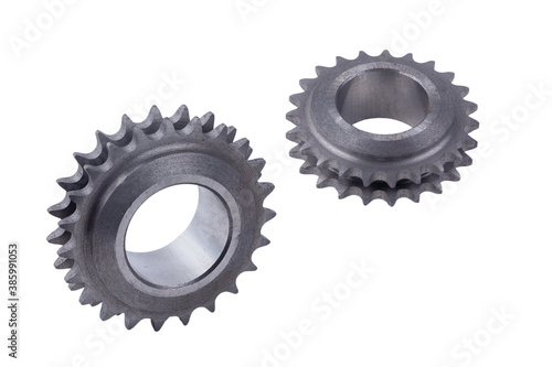 two gears of the gas distribution mechanism for installation on the car, isolated on a white background